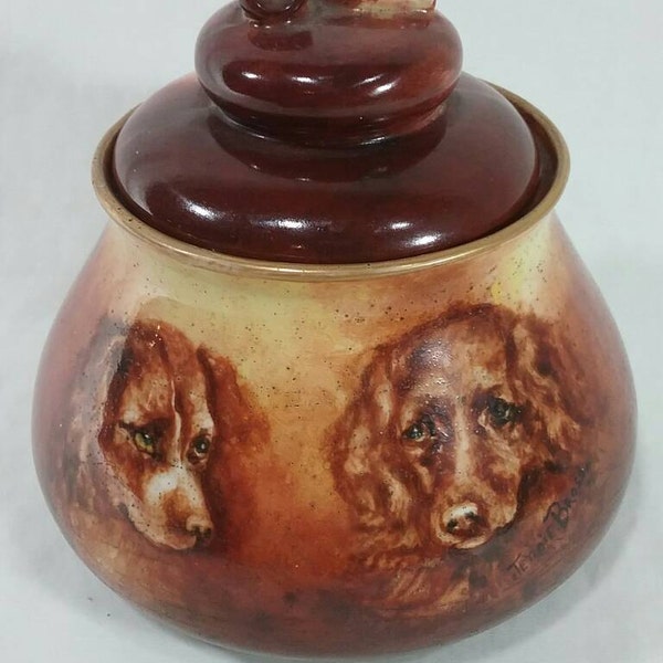 Vintage pipe tabacco ceramic hand painted humidor with 2 dogs signed by Jennie b ross