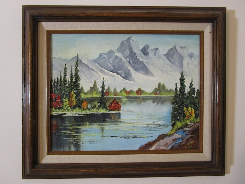 Vintage Mountains and river and landscape oil painting J Winter 1978