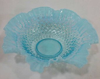 Vintage blue and white Fenton hobnail glass dish