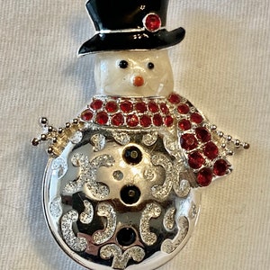 Vintage Strass Schneemann Pin Silber Metall Emaille Brosche