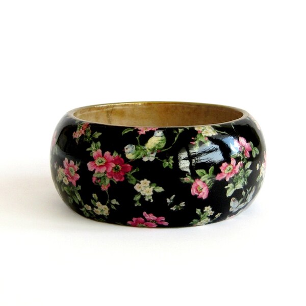 Black Floral Wood Bracelet Hand Paint Decoupage Statement Bangle Black Bangle Wooden Bracelet