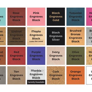 May include: A grid of thirty-two square color swatches displaying various material finishes and engraving colors. Each square contains text identifying the material color and the engraving color, with some marked as currently unavailable.