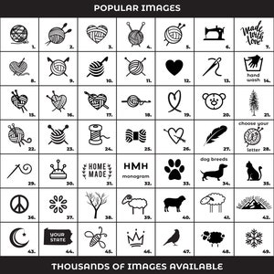 May include: A grid of 49 black and white icons featuring various craft-related symbols, animals, and shapes. The text reads Popular Images, Made with Love, Hand Wash, Choose Your Letter, Home Made, HMH Monogram, Dog Breeds, Your State, and Thousands of Images Available.