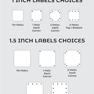 May include: A chart titled SIZES / HOLE PLACEMENT showing 1 inch labels choices with zero, one, two, or four holes, and 1.5 inch labels choices with zero, one, two, four, or perimeter holes. Each square label is white with black outlines and dots.