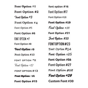 May include: A black text chart displaying thirty distinct font options labeled Font Option #1 through Font Option #30. Each line features the specific text Font Option followed by its corresponding number, showcasing a variety of typefaces.