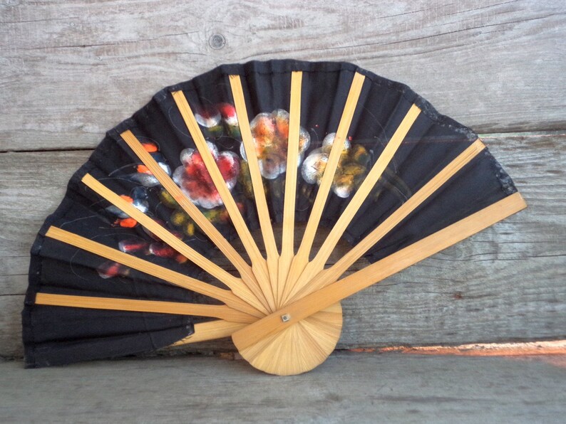 Bamboo Fan Black Fabric Fan with Hand Painted Flowers and Birds Flower Fan Folding Fan Bird Fan Vintage Hand Painted Fan Hand Fan