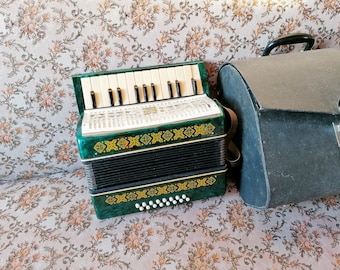 Vintage Children's Accordion USSR Musical Instrument Soviet Era Accordion Green Marble Plastic 70's Accordion With Case