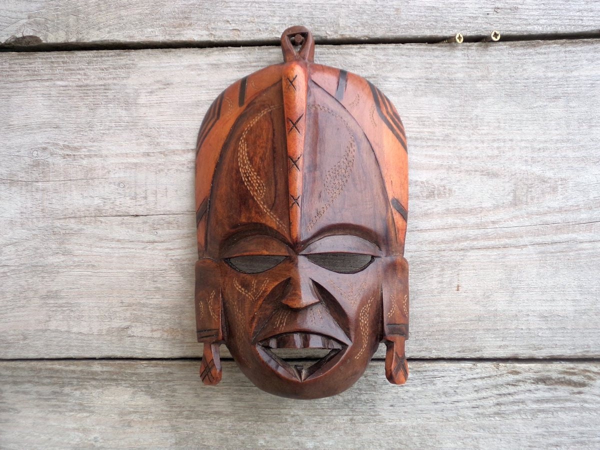 Vintage Wooden African Mask Hand Carved Kenya