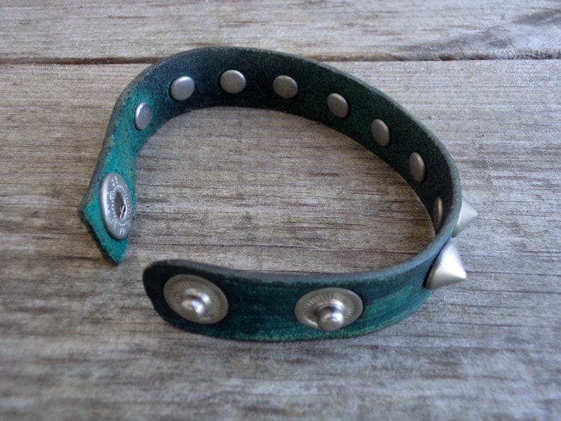 Vintage Green Leather Studded Bracelet Hippie Bracelet 1970s Tooled Leather Cuff Green Leather Cuff Bracelet