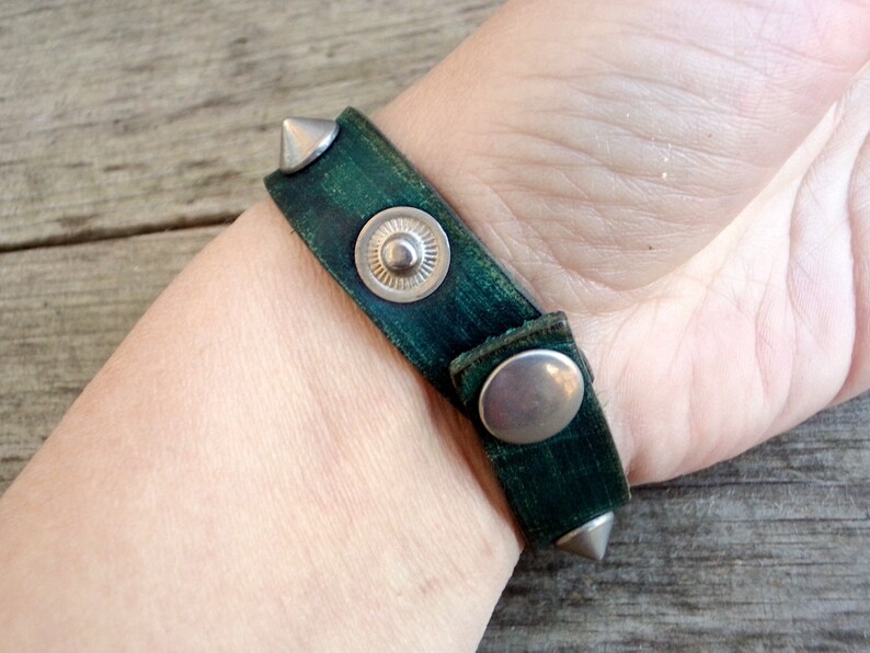 Vintage Green Leather Studded Bracelet Hippie Bracelet 1970s Tooled Leather Cuff Green Leather Cuff Bracelet