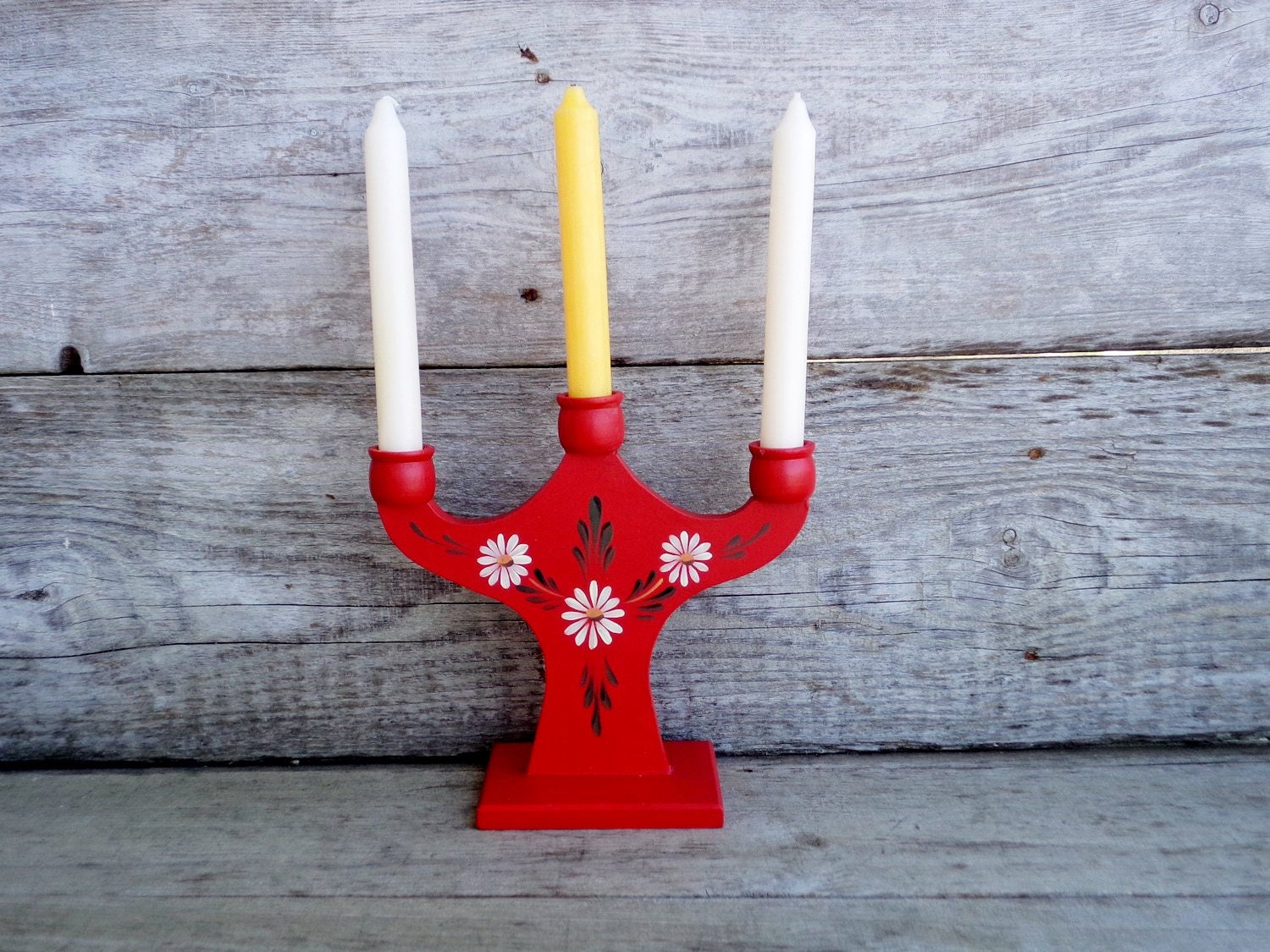Candlestick Holders Home Living Hand Painted Rare Vintage Large Wooden Red Yellow Black Striped Candle Holder