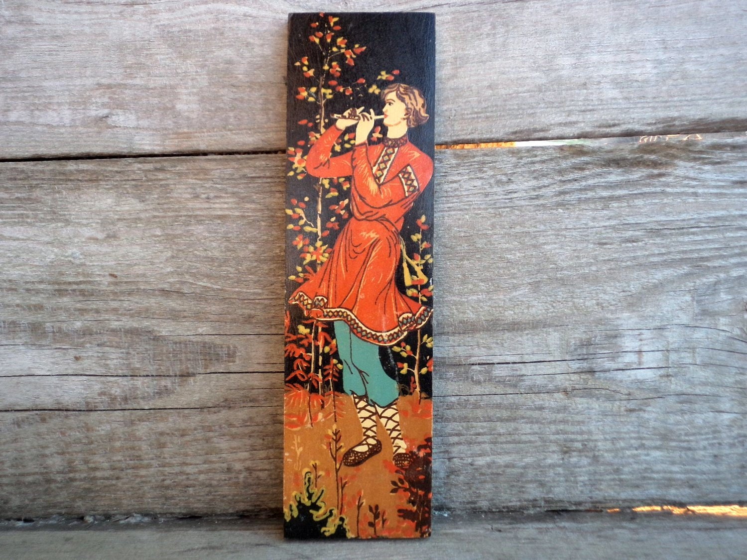 Vintage 70 S Russian Wall Decor Wooden Hand Painted Plaque Vintage 70 S Russian Wall Decor Wooden Hand Painted Plaque Boy With Flute Traditional Folk Art Ussr Panel
