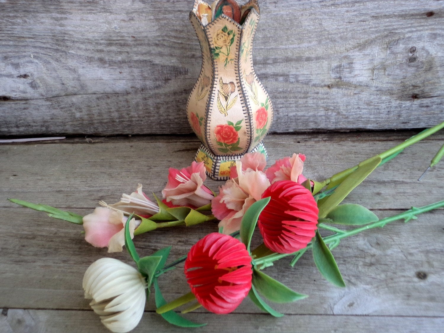 Vintage Cardboard Vase And Plastic Flowers Vintage Handmade Vase