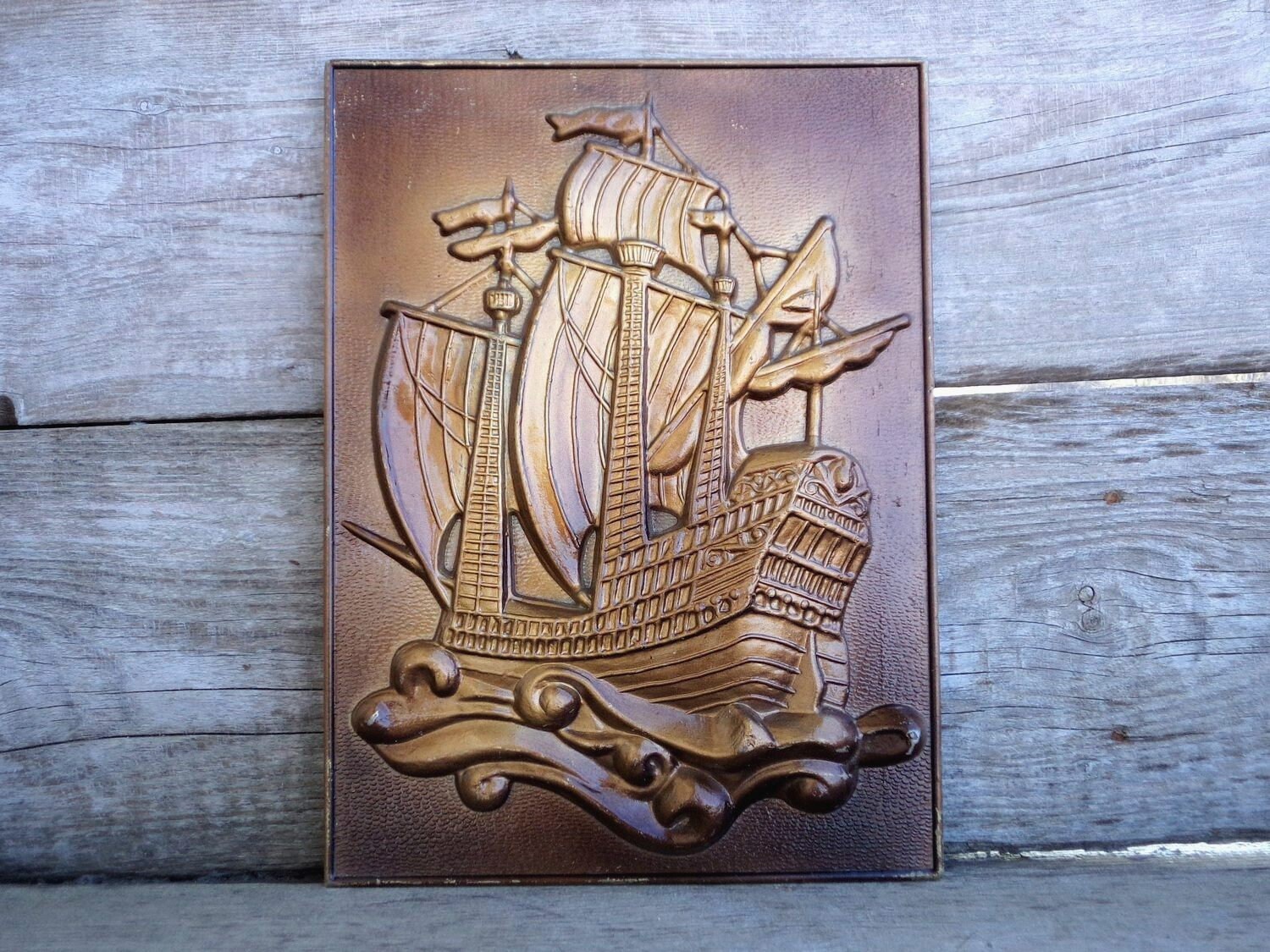Plastic Relief Ship Wall Decor Vintage 70 S Ship Wall Hanging Ussr Wall Decor Bronze Colored Plastic Wall Art