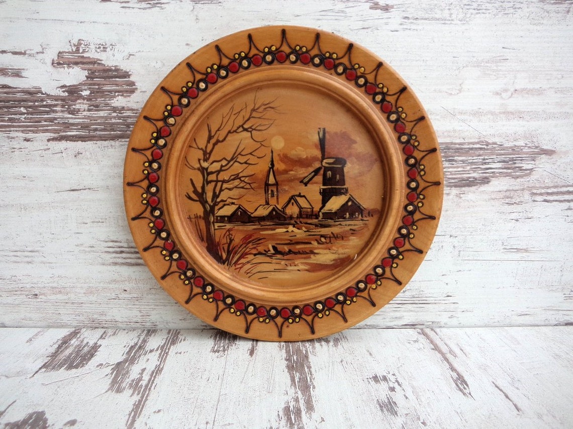 Vintage Wooden Plate Wall Plate Hand Painted Plate Round Etsy