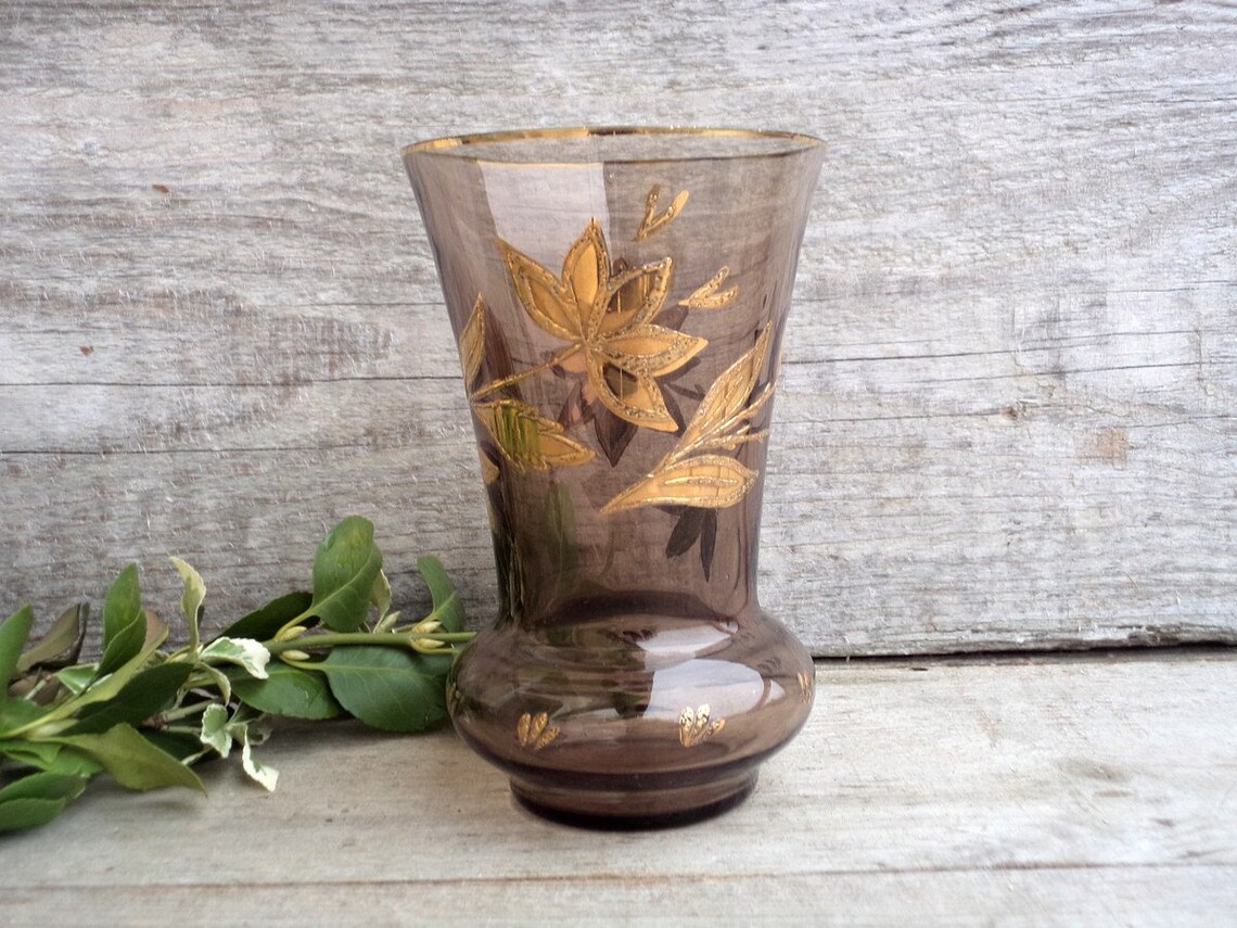 Vintage Brown Glass Vase with Gold Flowers Hand painted Etsy
