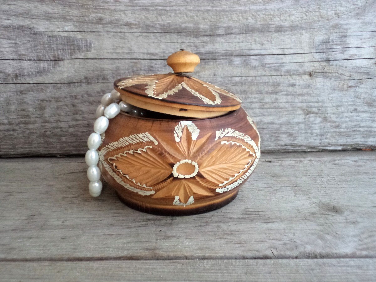 Vintage Hand Carved Box Wooden Jewelry Round Bowl With Vintage Hand Carved Box Wooden Jewelry Round Bowl With Lid From Europe 70 S