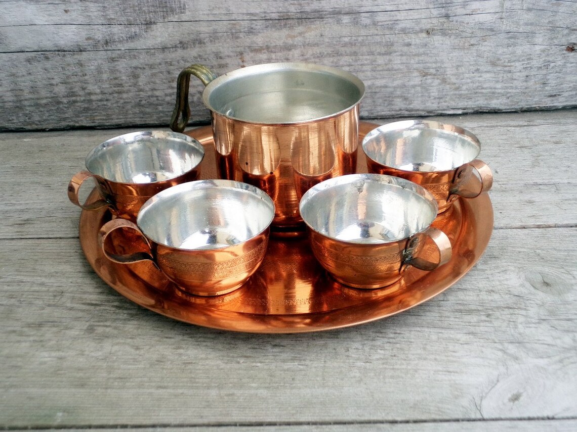 Vintage Copper Coffee Set. Tray Four Cups and Jug. Antique Etsy