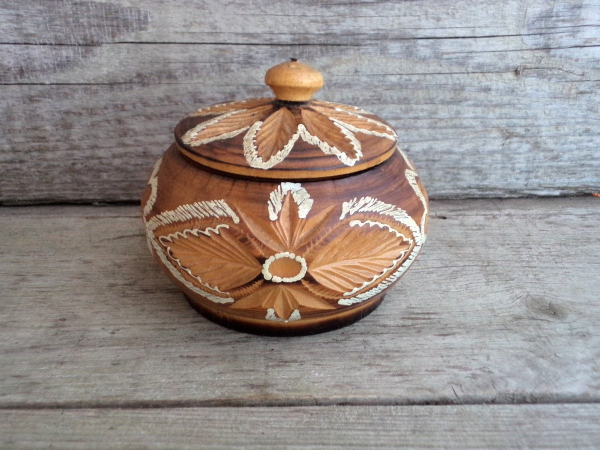 Vintage Hand Carved Box Wooden Jewelry Round Bowl With Vintage Hand Carved Box Wooden Jewelry Round Bowl With Lid From Europe 70 S