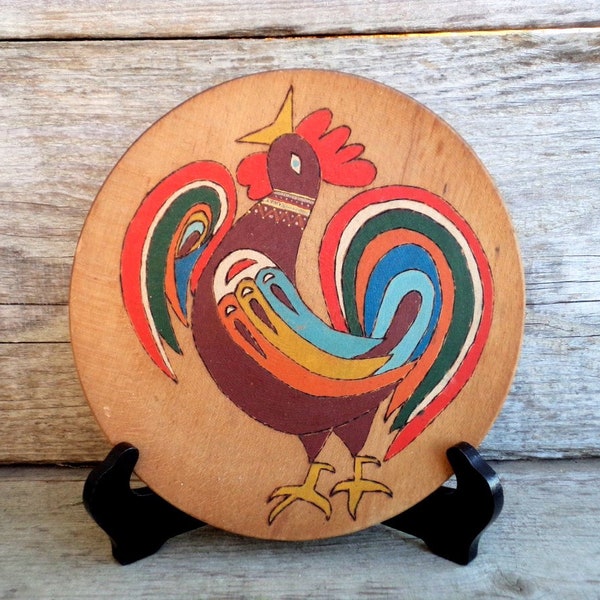 Vintage Wooden Plate - Hand Painted Rooster Plate - Wall Hanging Plate - Colorful Rooster - Year of the Rooster - Vintage Kitchen Decor