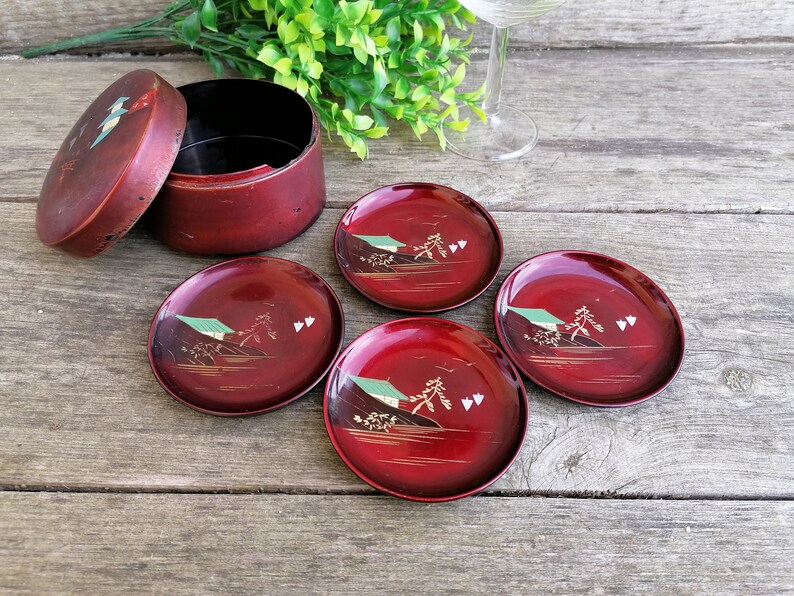 Vintage Japanese Coasters 4 Coasters in Box Burgundy Plastic Etsy