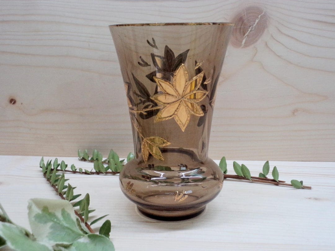 Vintage Brown Glass Vase With Gold Flowers Hand Painted Etsy