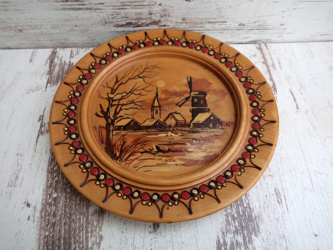 Vintage Wooden Plate Wall Plate Hand Painted Plate Round Etsy