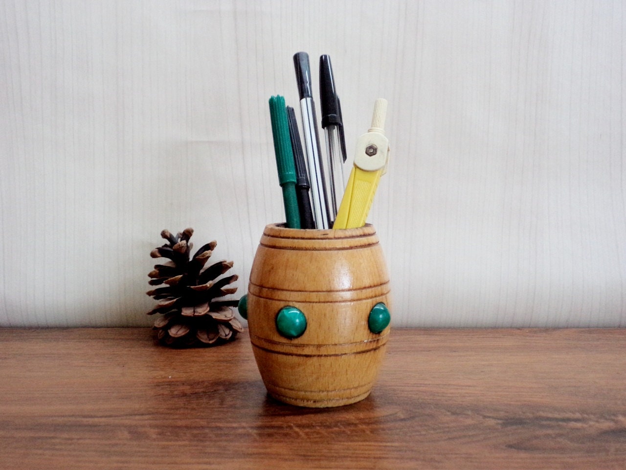 Vintage Wooden Cup Pencil Holder Green Beads decorated Cup Etsy