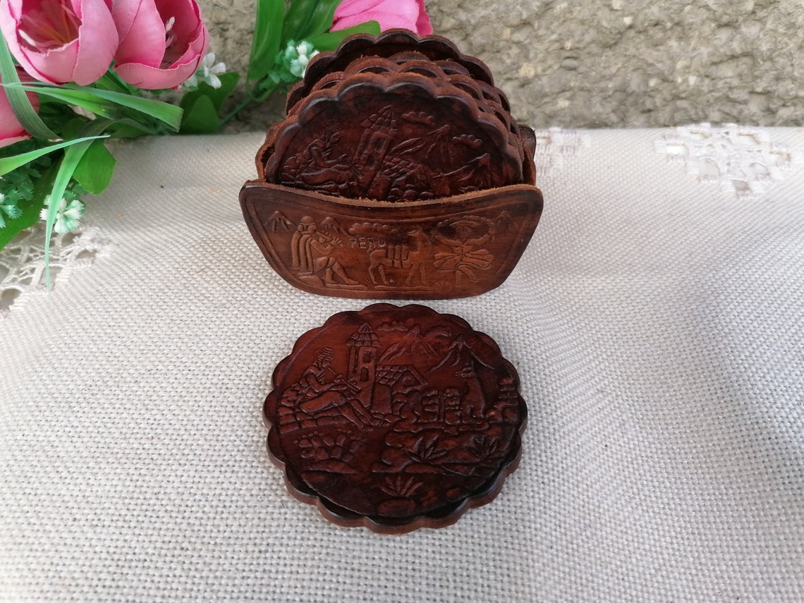 Vintage Peruvian Coasters Set of 6 Leather Coasters With Etsy