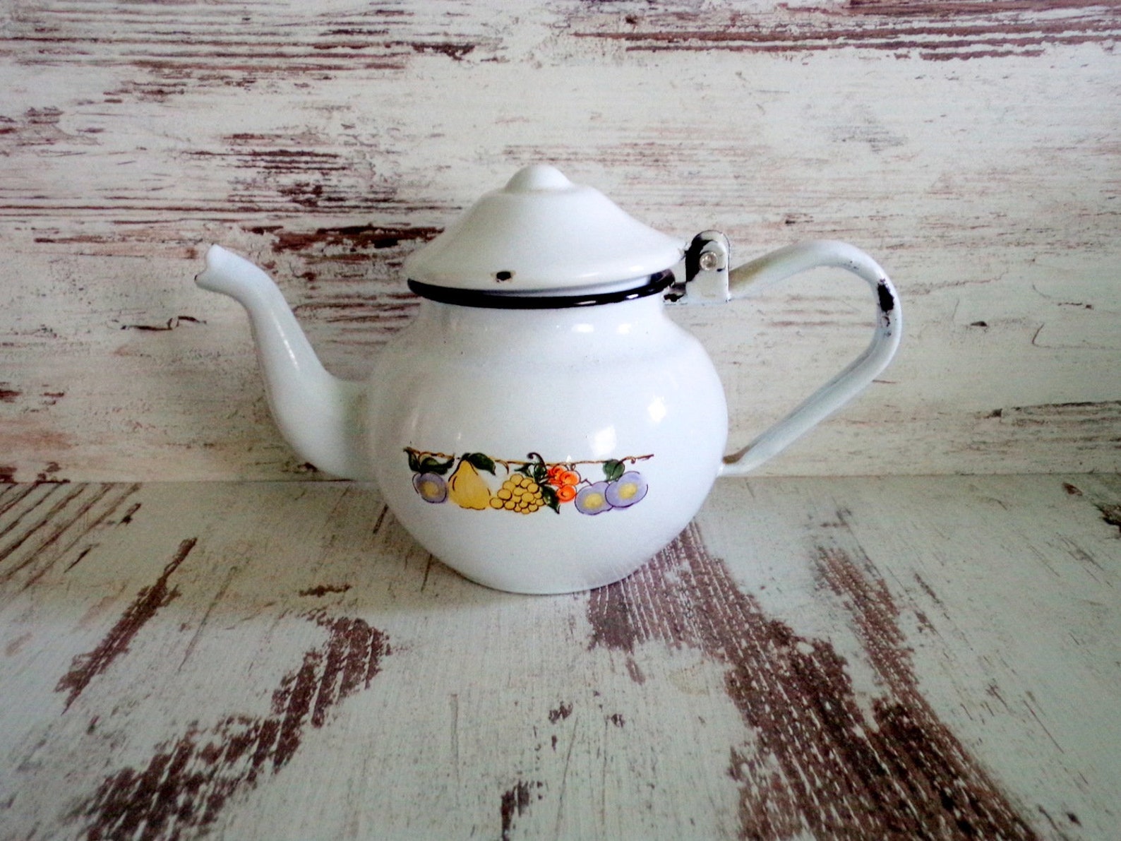 Vintage Kettle Enamel Fruit Pattern Tea Kettle Small White Etsy