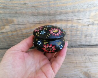 Vintage Wooden Hand Carved and Hand Painted Trinket Box Small Box with Lid Ring Box Pill Box Floral Handmade