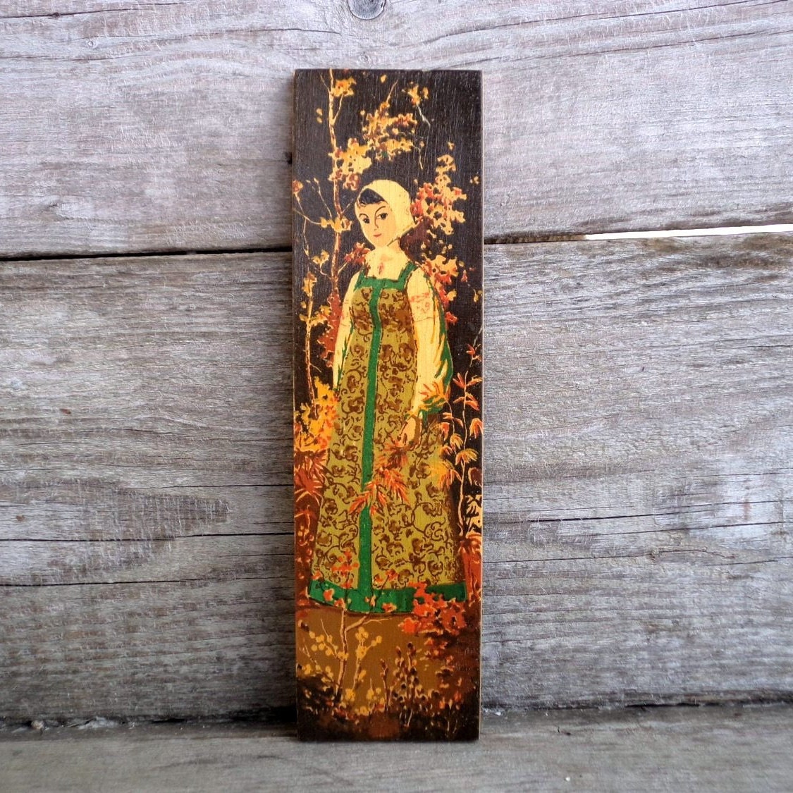 Vintage 70 S Russian Wall Decor Wooden Hand Painted Plaque Vintage 70 S Russian Wall Decor Wooden Hand Painted Plaque Girl In Forest Traditional Folk Art Ussr Panel