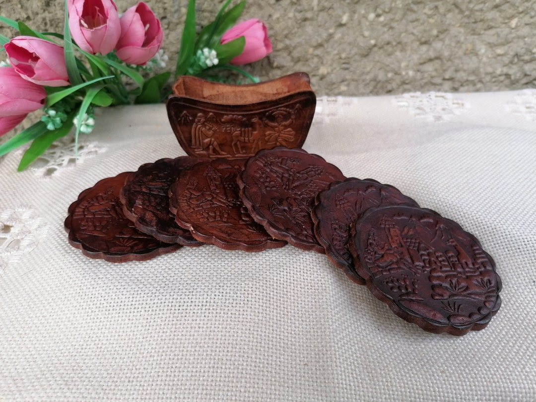 Vintage Peruvian Coasters Set of 6 Leather Coasters With Etsy