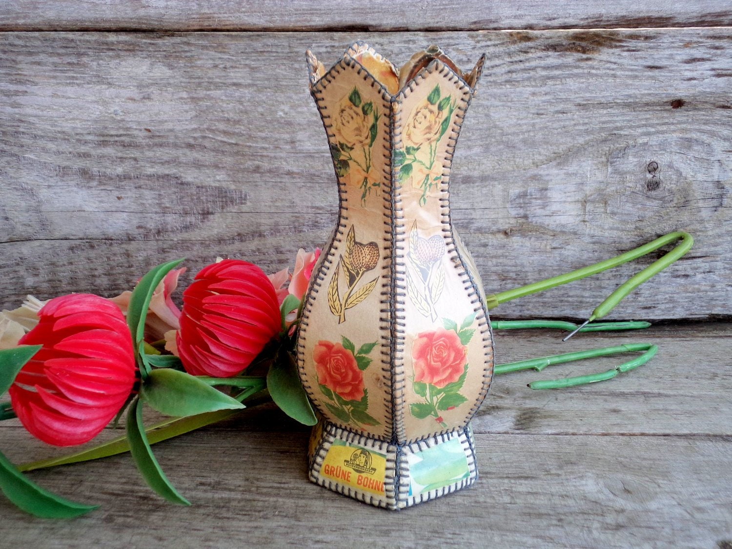 Vintage Cardboard Vase And Plastic Flowers Vintage Handmade Vase