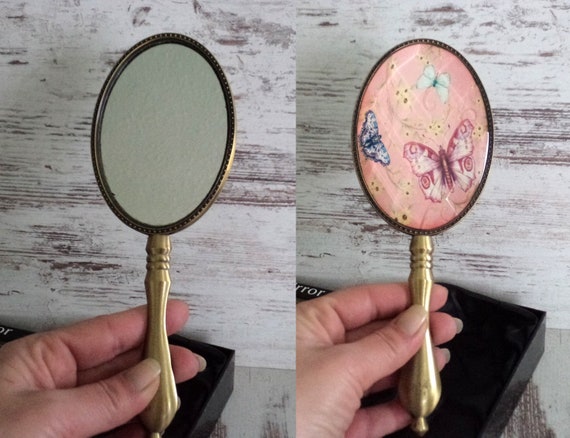Vintage Bronze Hand Mirror, Colorful Butterfly Pat