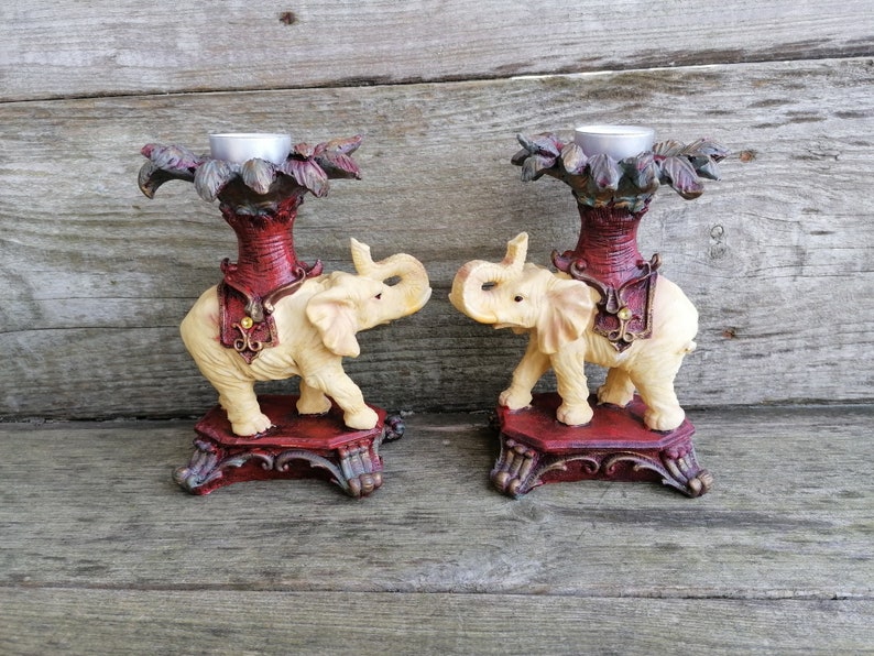 Vintage Candle Holder Elephant Pair Elephants Resin Asian Room Etsy
