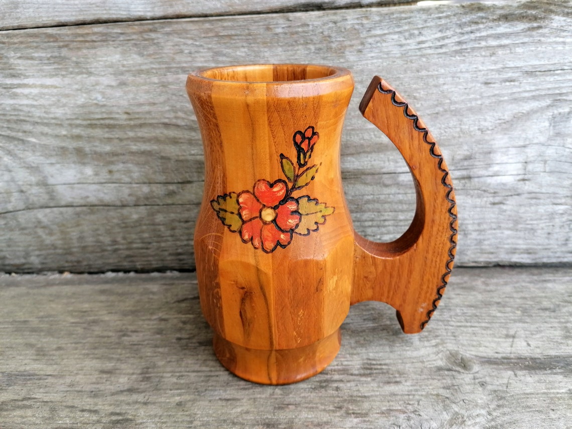 Vintage Wooden Mug Wooden Handled Mug Hand Carved Hand Painted Etsy