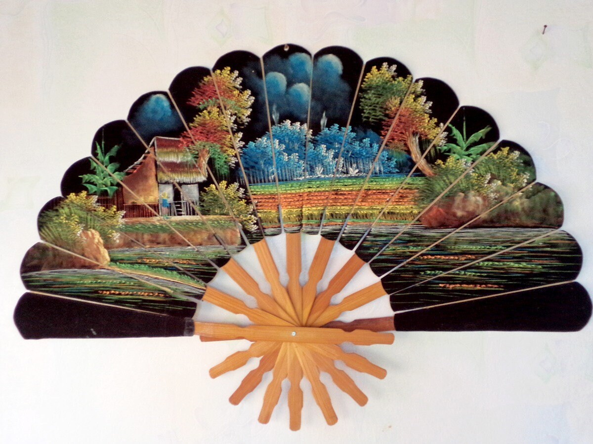 Vintage Large Hand Painted Asian Fan Colorful Wall Hanging Vintage Large Hand Painted Asian Fan Colorful Wall Hanging Bamboo Velvet And Paper 39 X 26 Lifestyle Art Decor