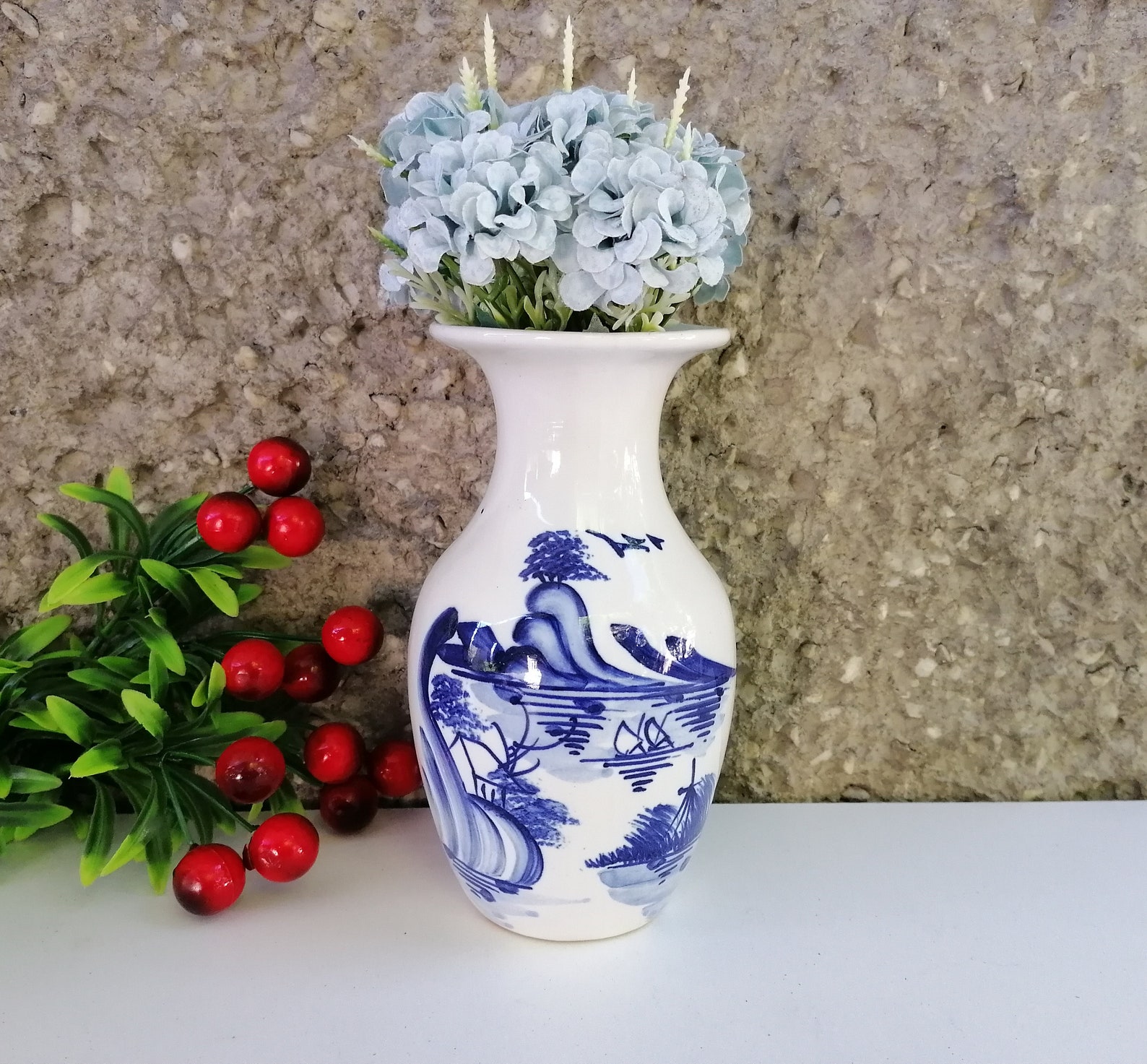 Vintage Vietnamese Ceramic Vase Hand Painted White Blue Vase Etsy UK