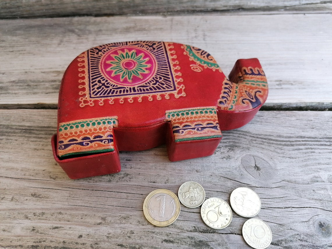 Vintage Leather Elephant Coin Box Colorful Hand Painted Relief Etsy