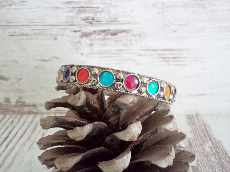 Vintage Bracelet Silver colored Bracelet with Multicolored Stones Old Jewelry Vintage Jewelry for Her Boho Hippie Style Bracelet