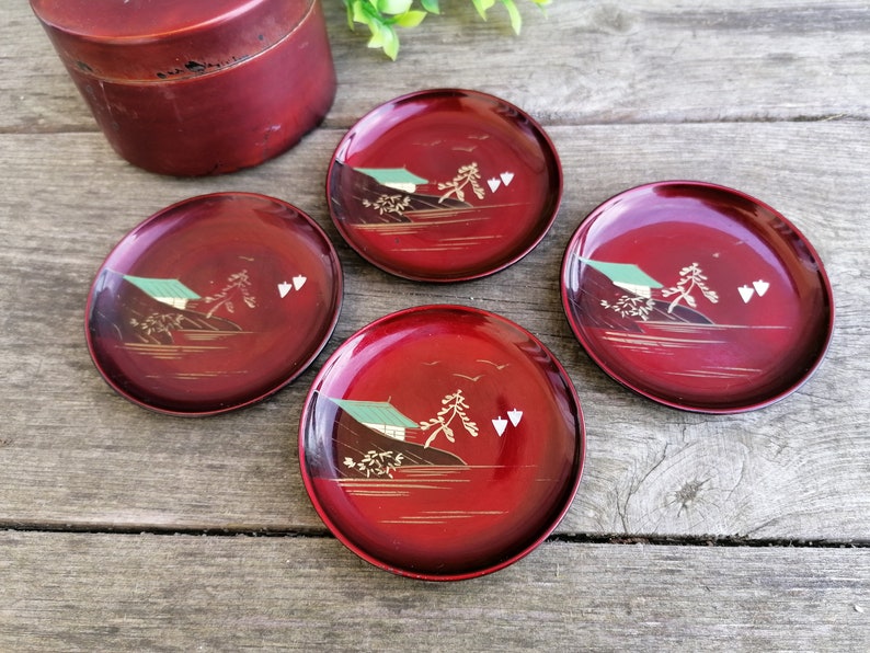 Vintage Japanese Coasters 4 Coasters in Box Burgundy Plastic Etsy