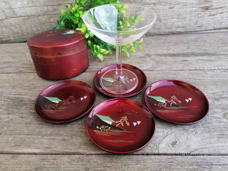 Vintage Japanese Coasters 4 Coasters in Box Burgundy Plastic Etsy