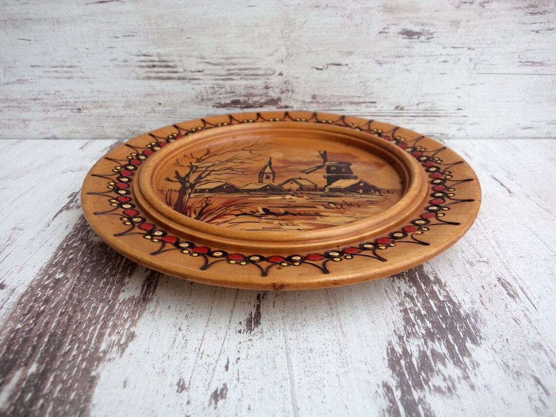 Vintage Wooden Plate Wall Plate Hand Painted Plate Round Etsy