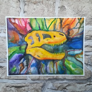 T-Rex Skull Jurassic World Park Fan Art A4 Original Painting Watercolour - Yellow Tyrannosaurus Rex skull surrounded by rainbow water drops.