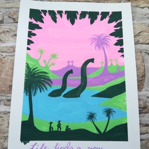 Poster di fan art sui dinosauri, formato A3, dipinto originale, guazzo - Coppia di brachiosauri verde scuro, sauropodi dal collo lungo, lago, la vita trova una via.