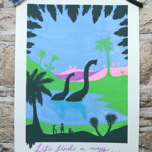 Poster di fan art sui dinosauri, formato A3, dipinto originale, guazzo - Coppia di brachiosauri verde scuro, sauropodi dal collo lungo, lago, la vita trova una via.