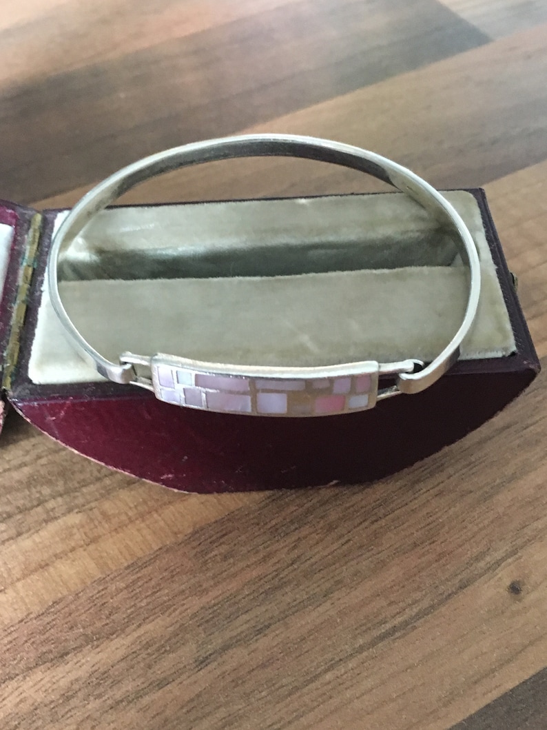Hallmarked Sterling Silver /& Mother Of Pearl Hinged Bangle 13.23g Sheffield