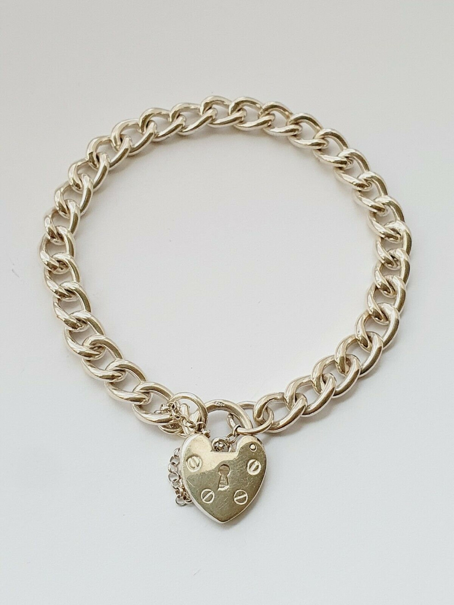 Quality Sterling Silver Heart Padlock Charm Bracelet 26.68gr | Etsy