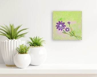 Kleine foto 20 cm x 20 cm met paarse bloemen in moderne materiaalstijl; voor liefhebbers van planten en bomen; huisdecoratie; Paascadeau.